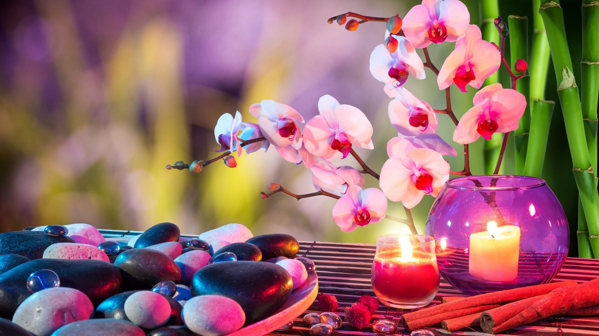 Orchids Candles Stones Wallpaper 1920x1080