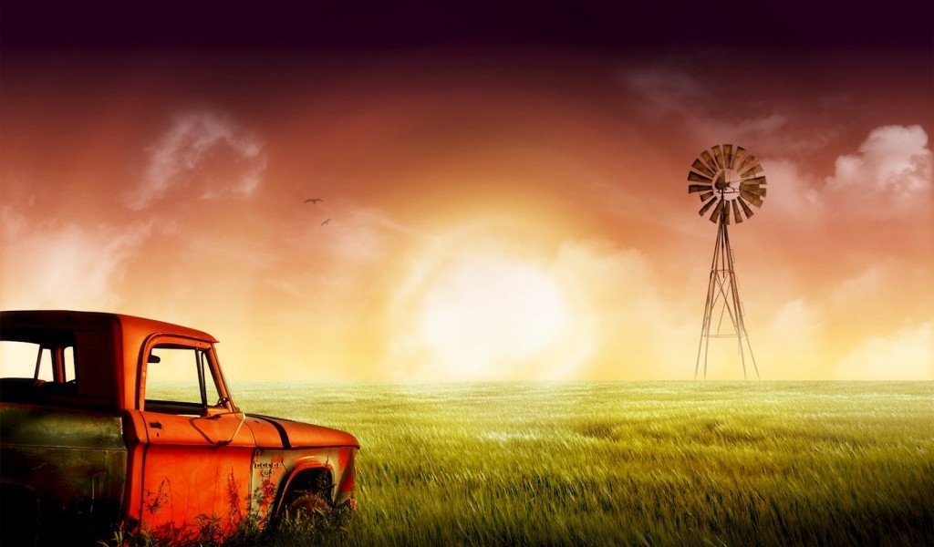 Red Car Grass Wallpaper 1024x600