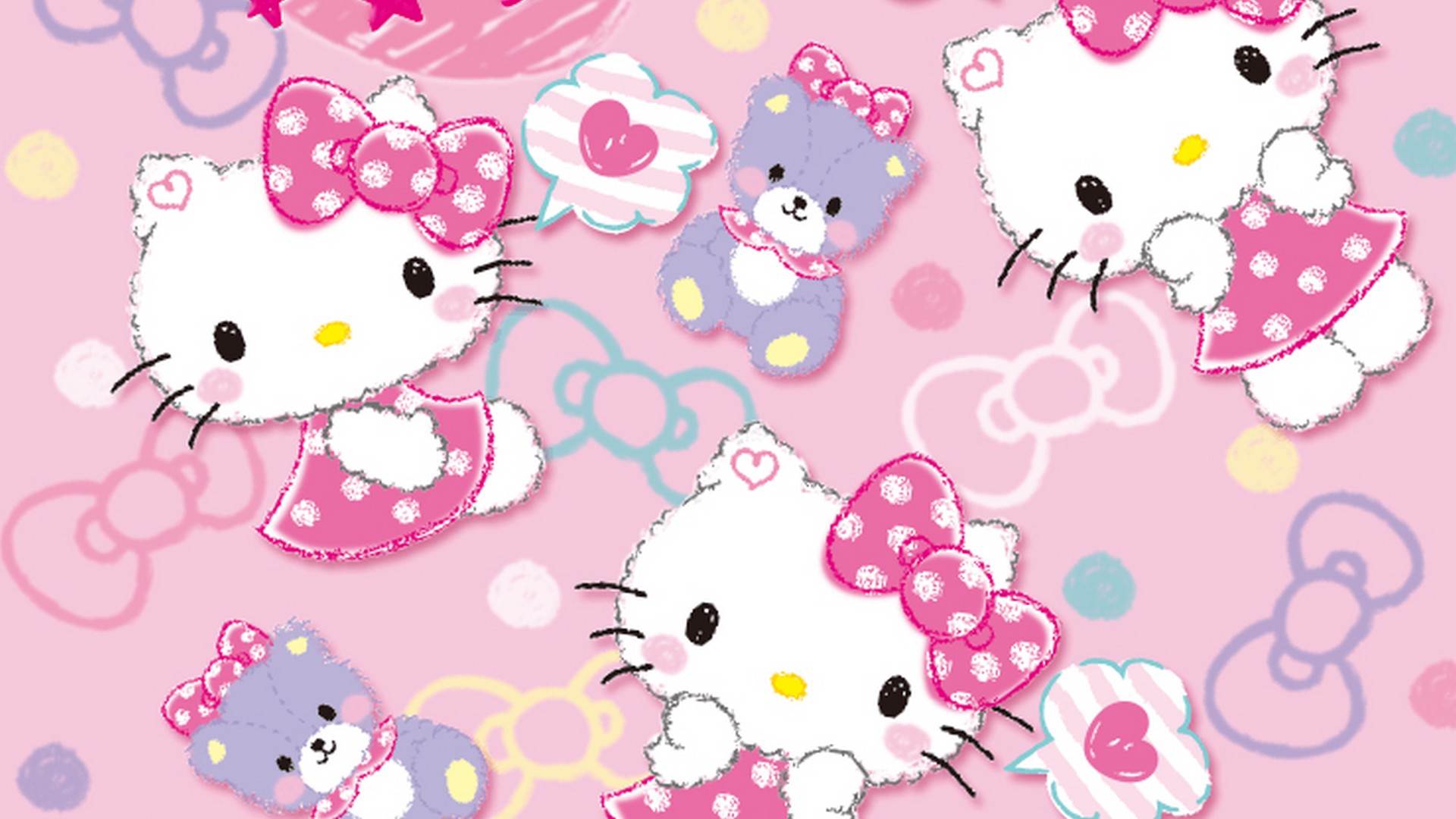 Hello Kitty Characters Background Wallpaper HD With Resolution 1920X1080 pixel. You can make this wallpaper for your Desktop Computer Backgrounds, Mac Wallpapers, Android Lock screen or iPhone Screensavers